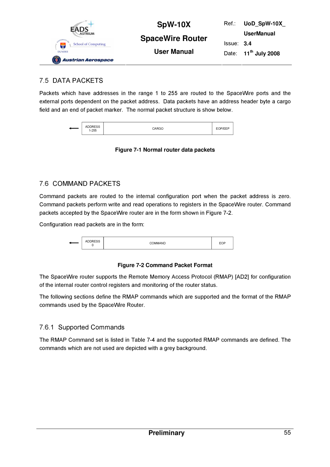 Atmel SpW-10X user manual Data Packets, Command Packets, Supported Commands 