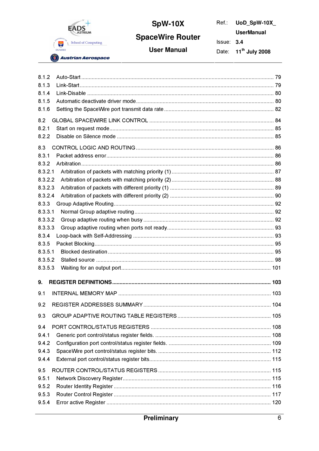 Atmel SpW-10X user manual 103, Global Spacewire Link Control 