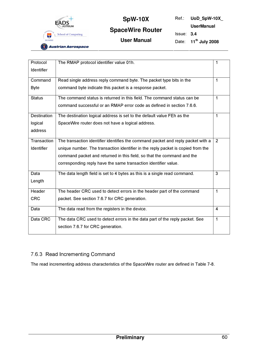 Atmel SpW-10X user manual Read Incrementing Command 