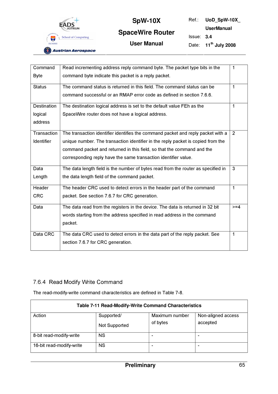 Atmel SpW-10X user manual Read Modify Write Command, Read-Modify-Write Command Characteristics 