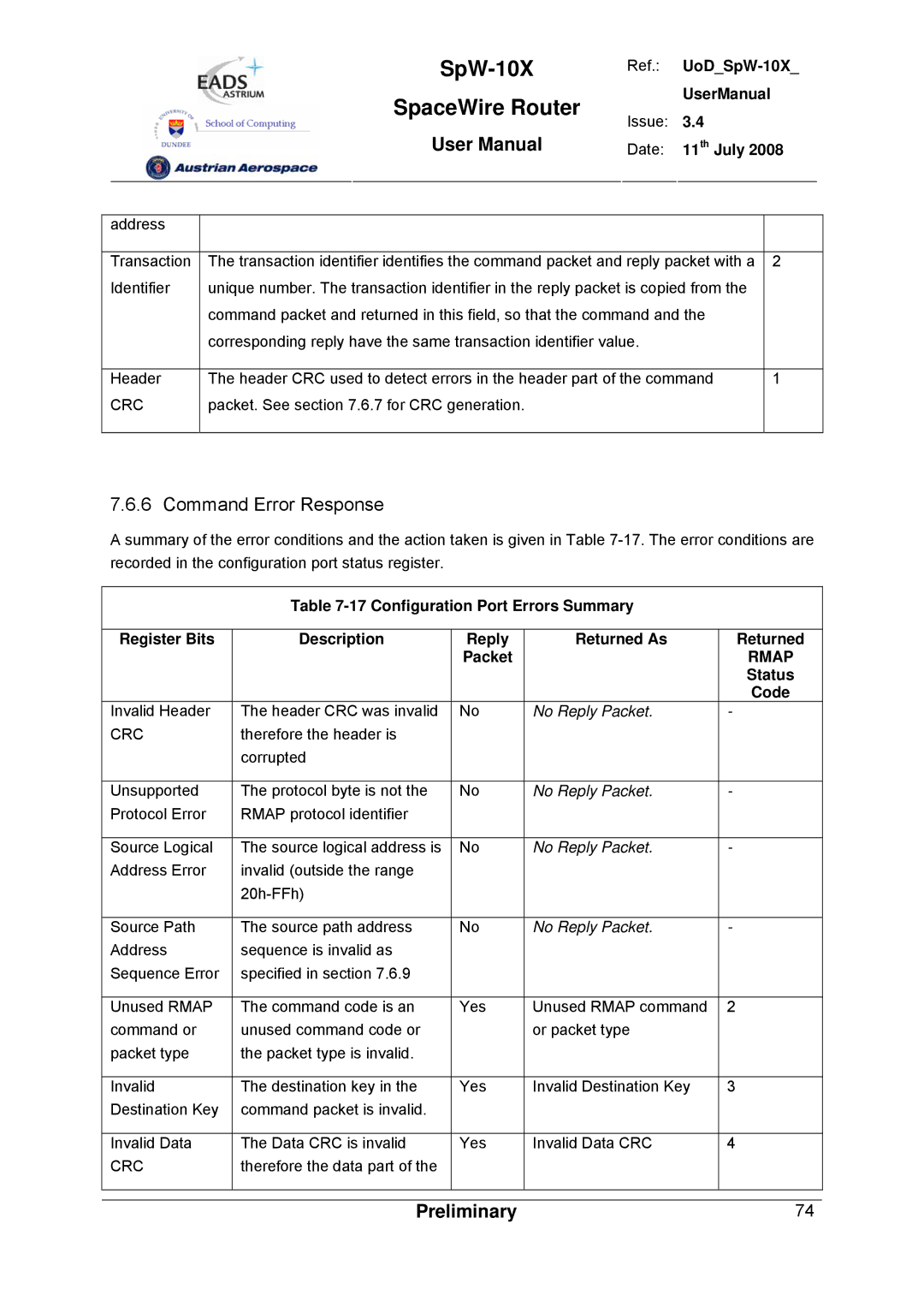 Atmel SpW-10X user manual Command Error Response, Status, Code 