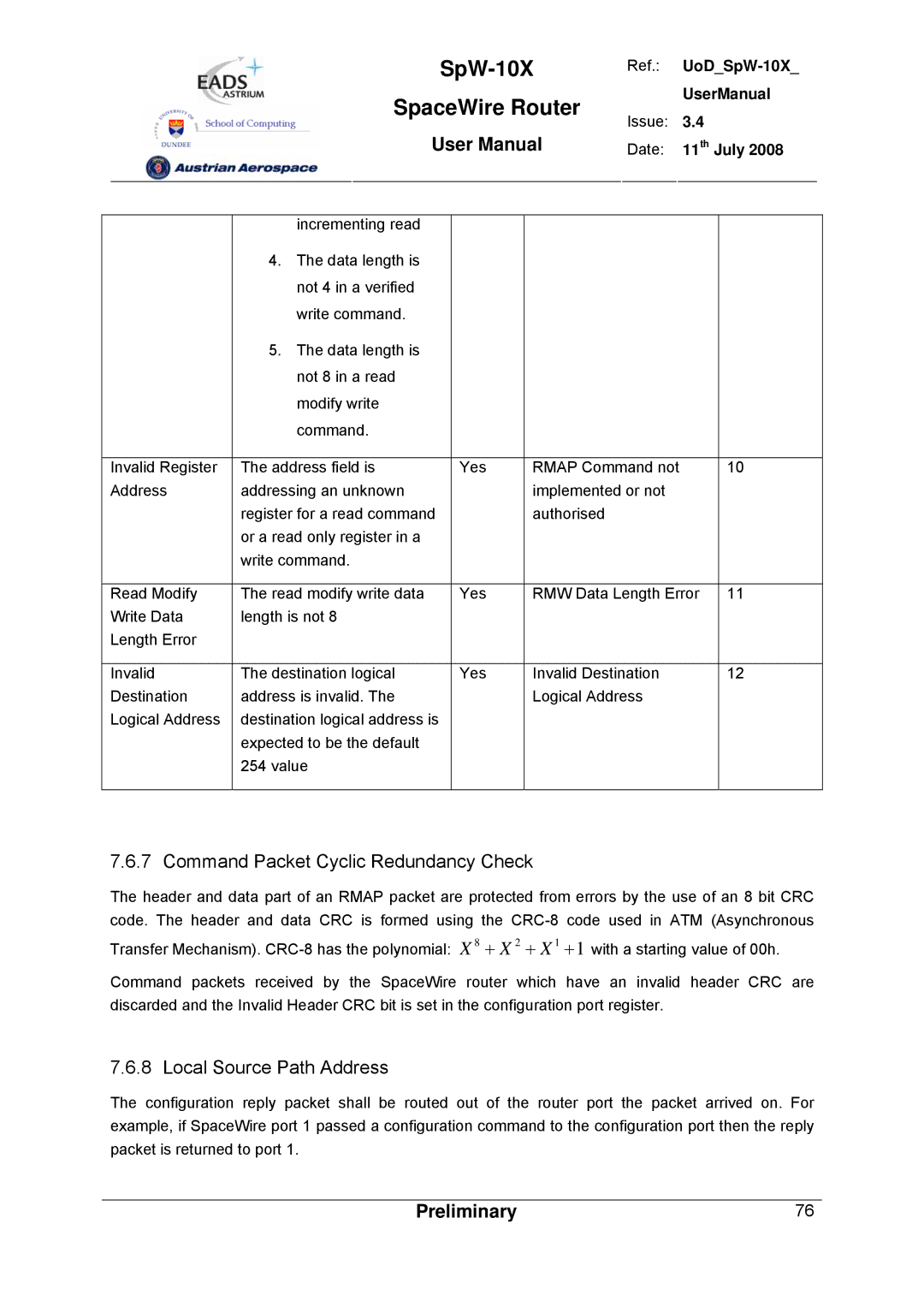 Atmel SpW-10X user manual Command Packet Cyclic Redundancy Check, Local Source Path Address 