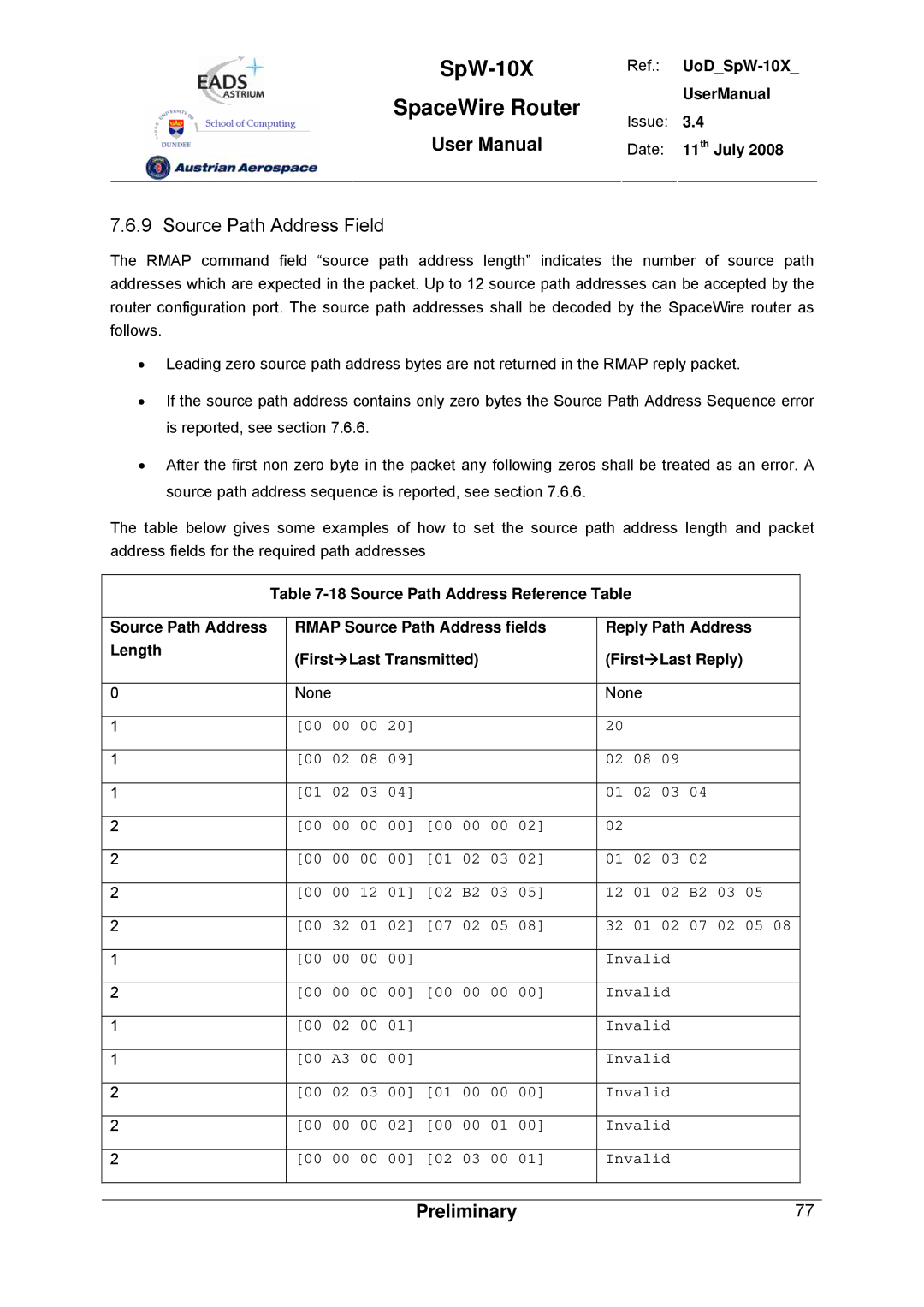 Atmel SpW-10X user manual Source Path Address Field, Issue Date Th July 