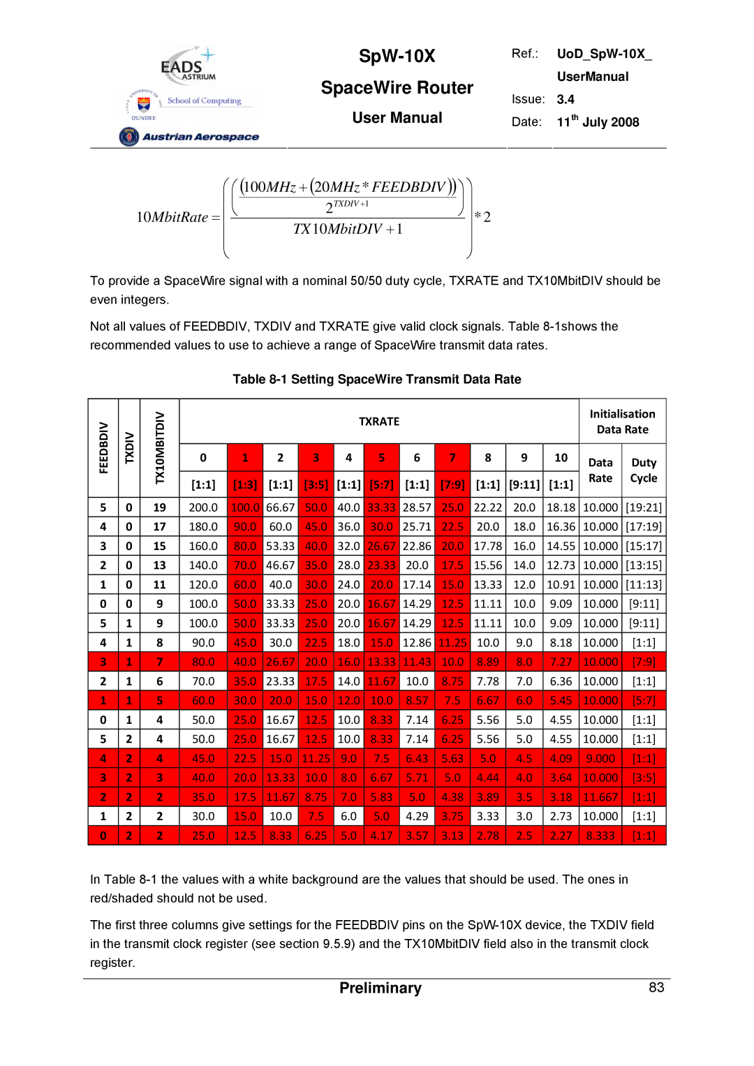 Atmel SpW-10X user manual TX 10MbitDIV +1, Setting SpaceWire Transmit Data Rate 