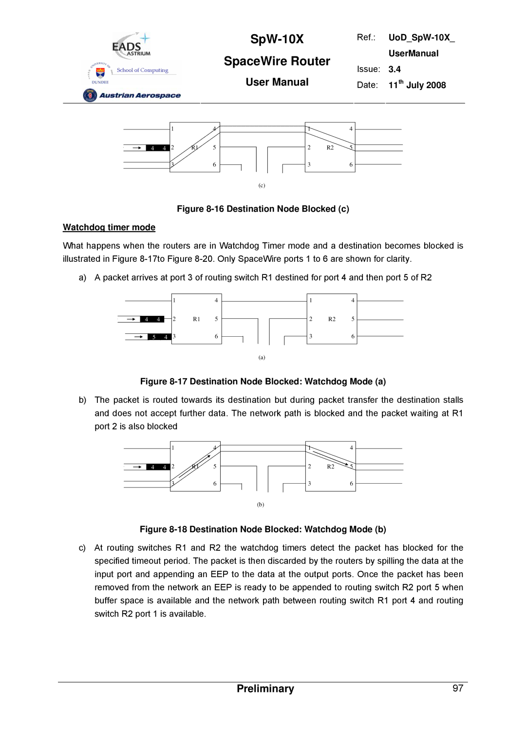 Atmel SpW-10X user manual Destination Node Blocked c Watchdog timer mode 