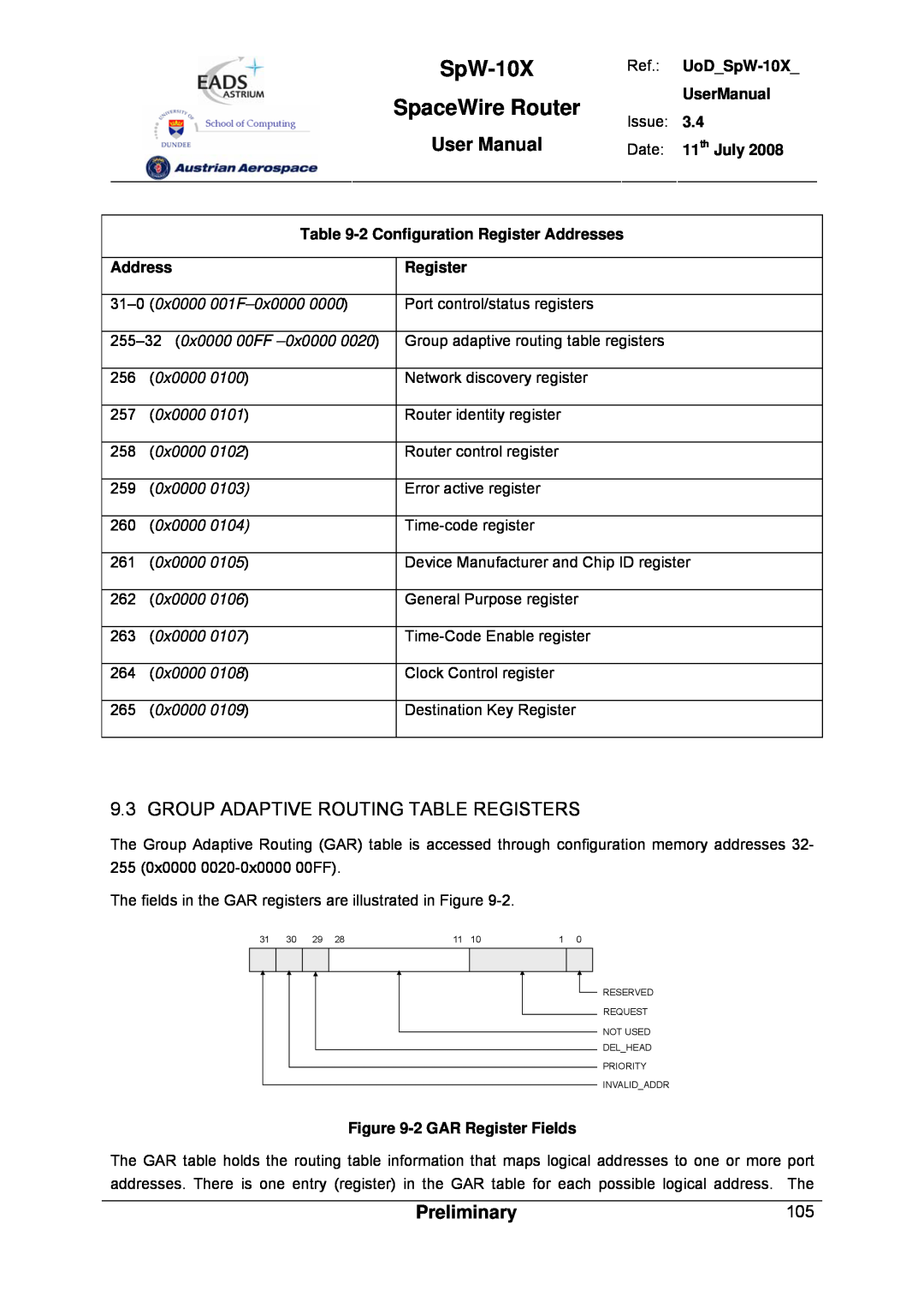 Atmel SpW-10X user manual Group Adaptive Routing Table Registers, SpaceWire Router, User Manual, Preliminary 