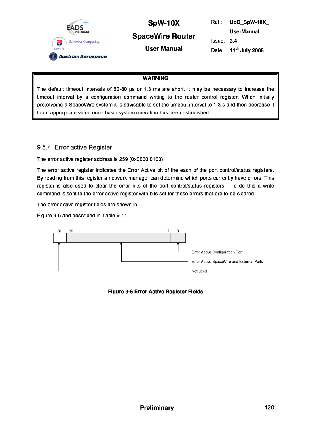 Atmel SpW-10X user manual Error active Register, SpaceWire Router, User Manual, Preliminary 