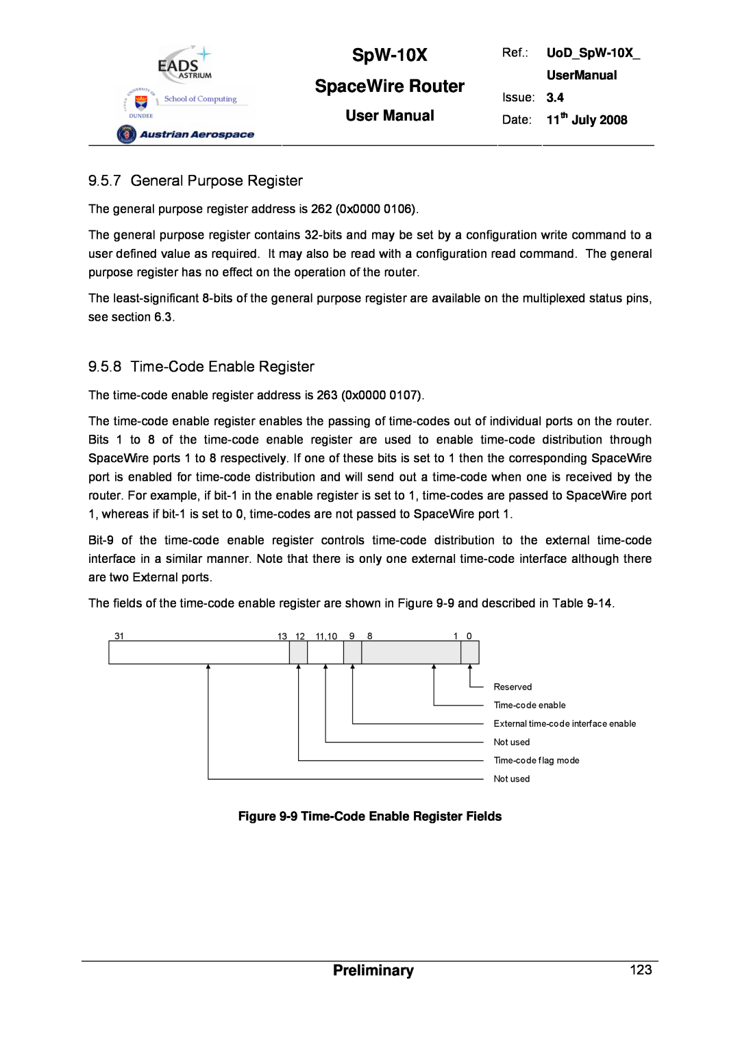 Atmel SpW-10X user manual General Purpose Register, Time-Code Enable Register, SpaceWire Router, User Manual, Preliminary 