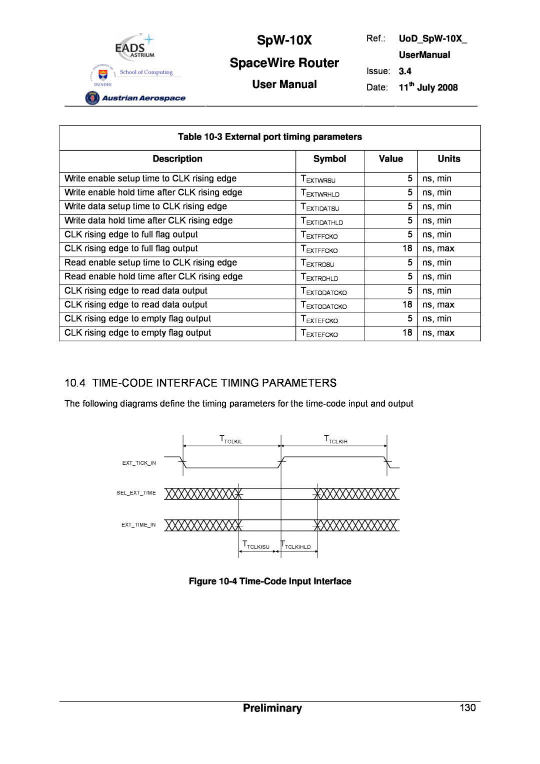 Atmel SpW-10X user manual Time-Code Interface Timing Parameters, SpaceWire Router, User Manual, Preliminary 