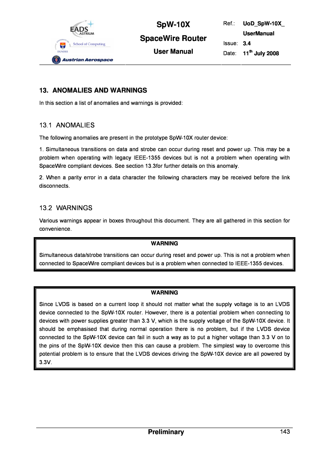 Atmel SpW-10X user manual Anomalies And Warnings, SpaceWire Router, User Manual, Preliminary 