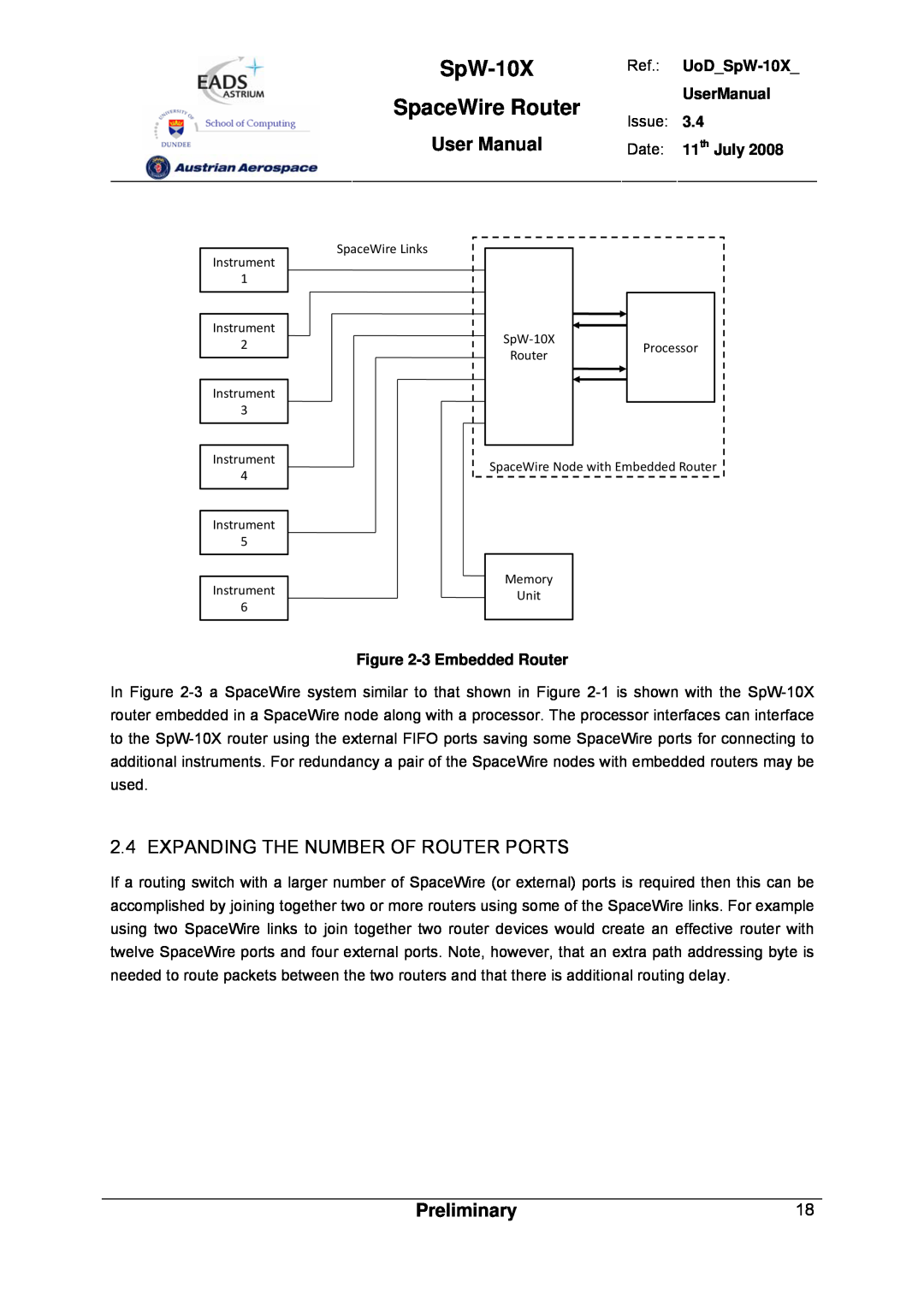 Atmel SpW-10X user manual Expanding The Number Of Router Ports, SpaceWire Router, User Manual, Preliminary 