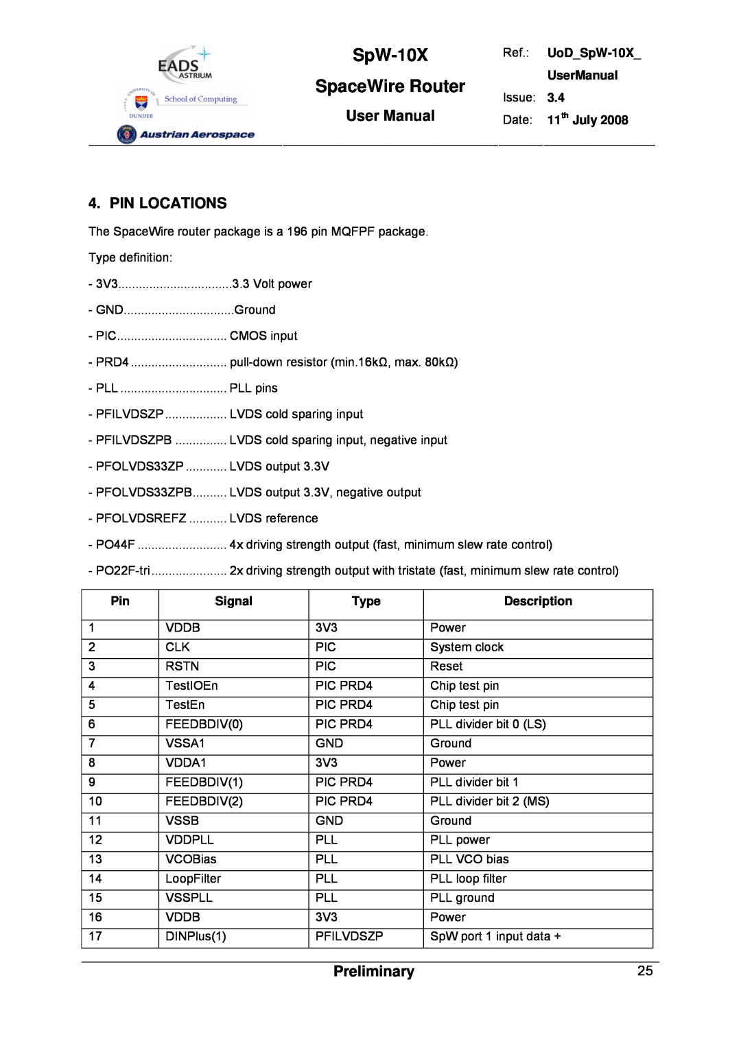 Atmel SpW-10X user manual Pin Locations, SpaceWire Router, User Manual, Preliminary 