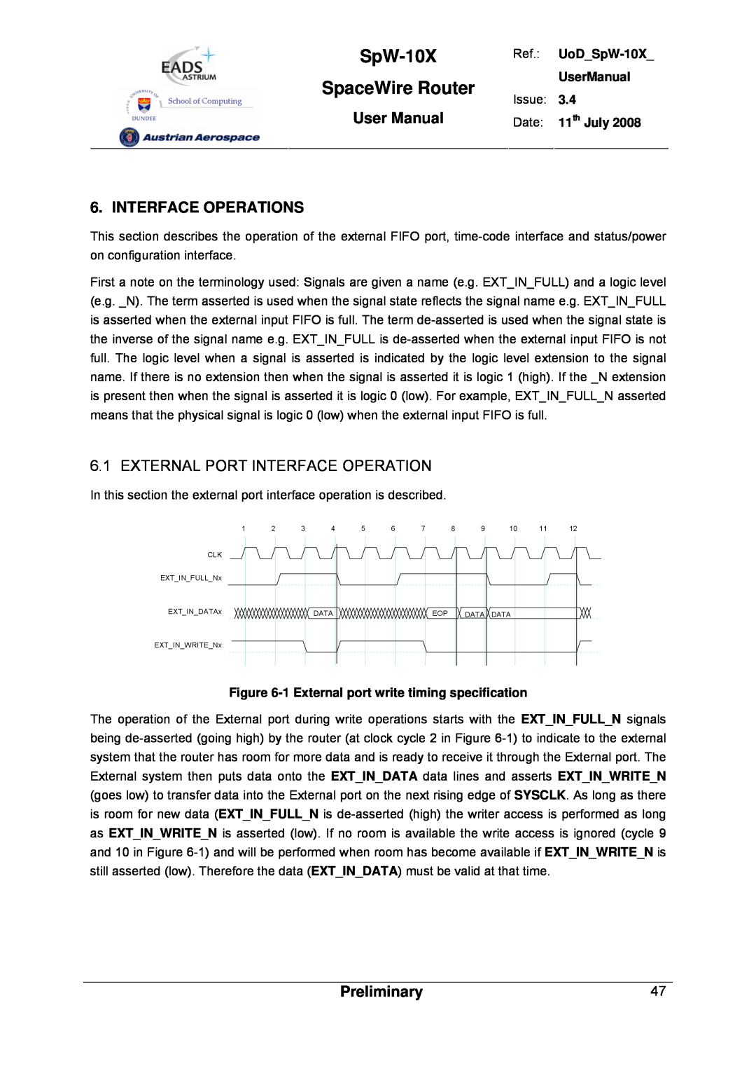 Atmel SpW-10X Interface Operations, External Port Interface Operation, SpaceWire Router, User Manual, Preliminary 