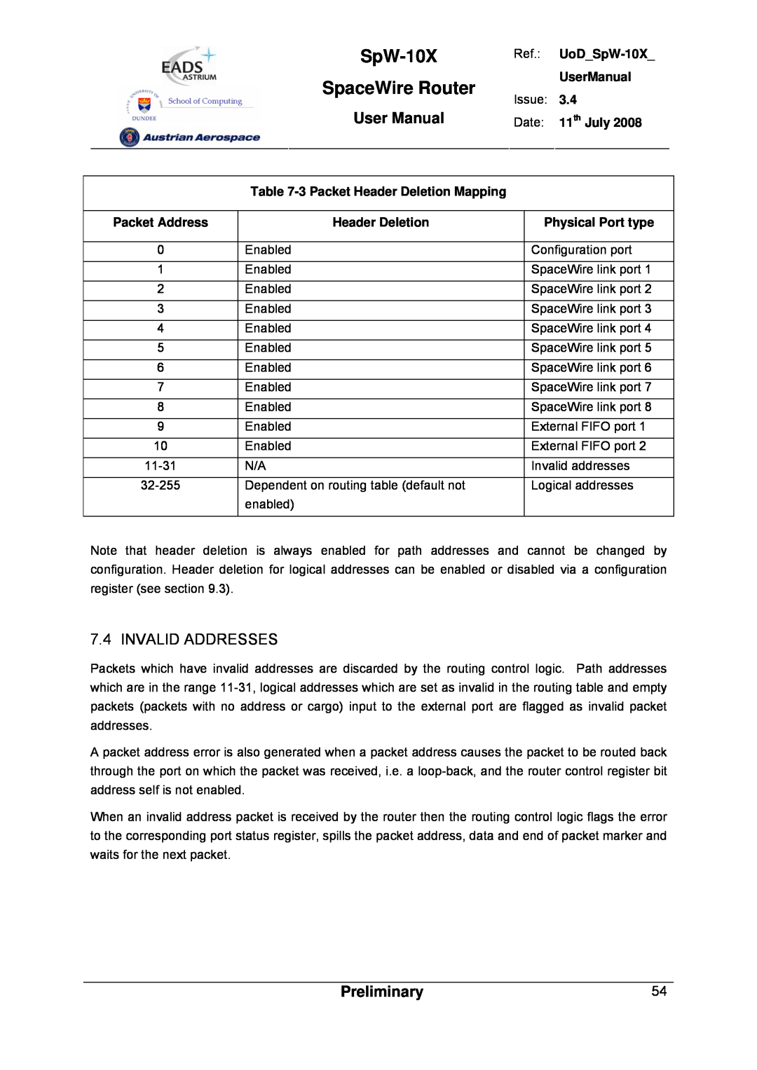 Atmel SpW-10X user manual Invalid Addresses, SpaceWire Router, User Manual, Preliminary 