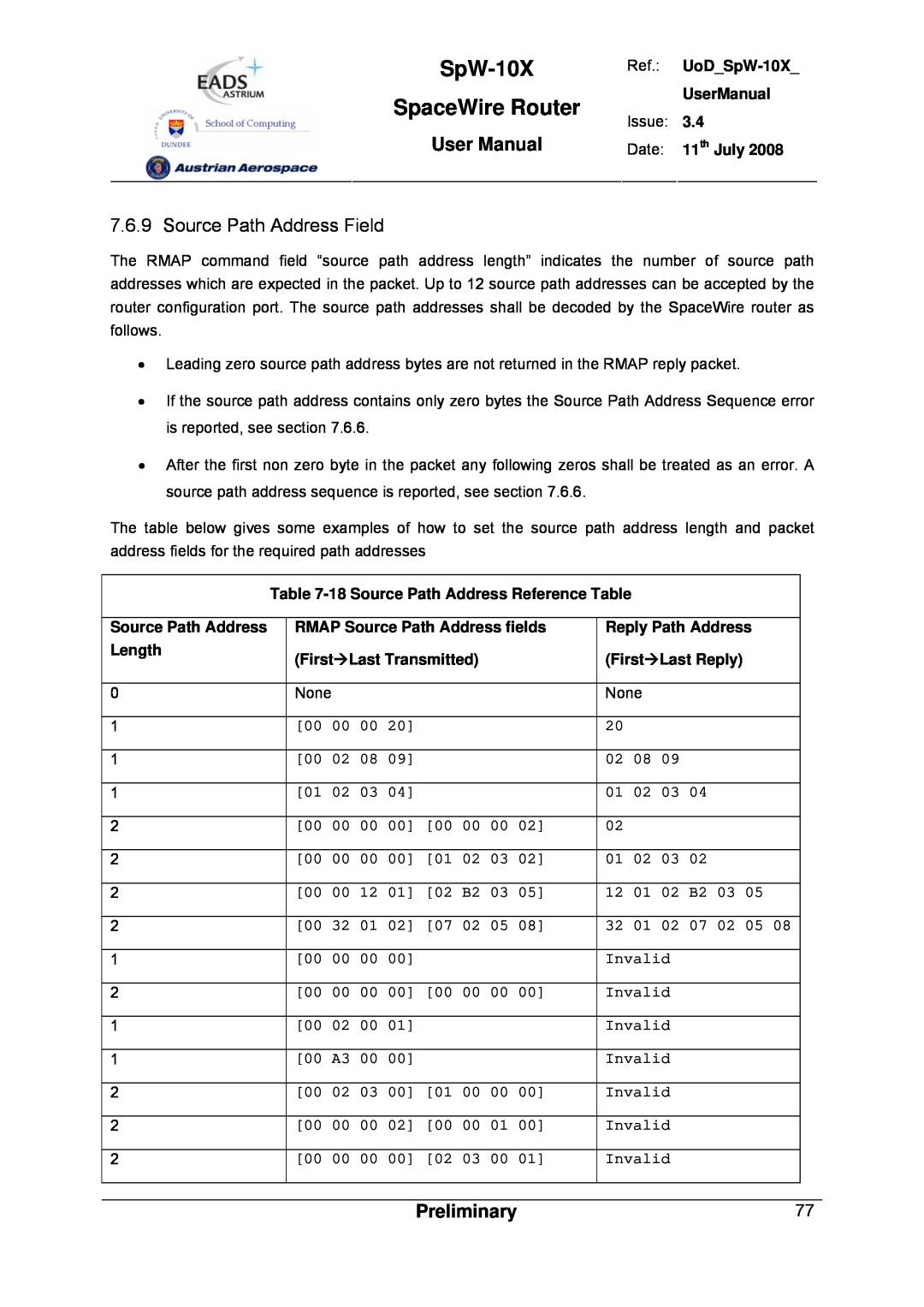 Atmel SpW-10X user manual Source Path Address Field, SpaceWire Router, User Manual, Preliminary 