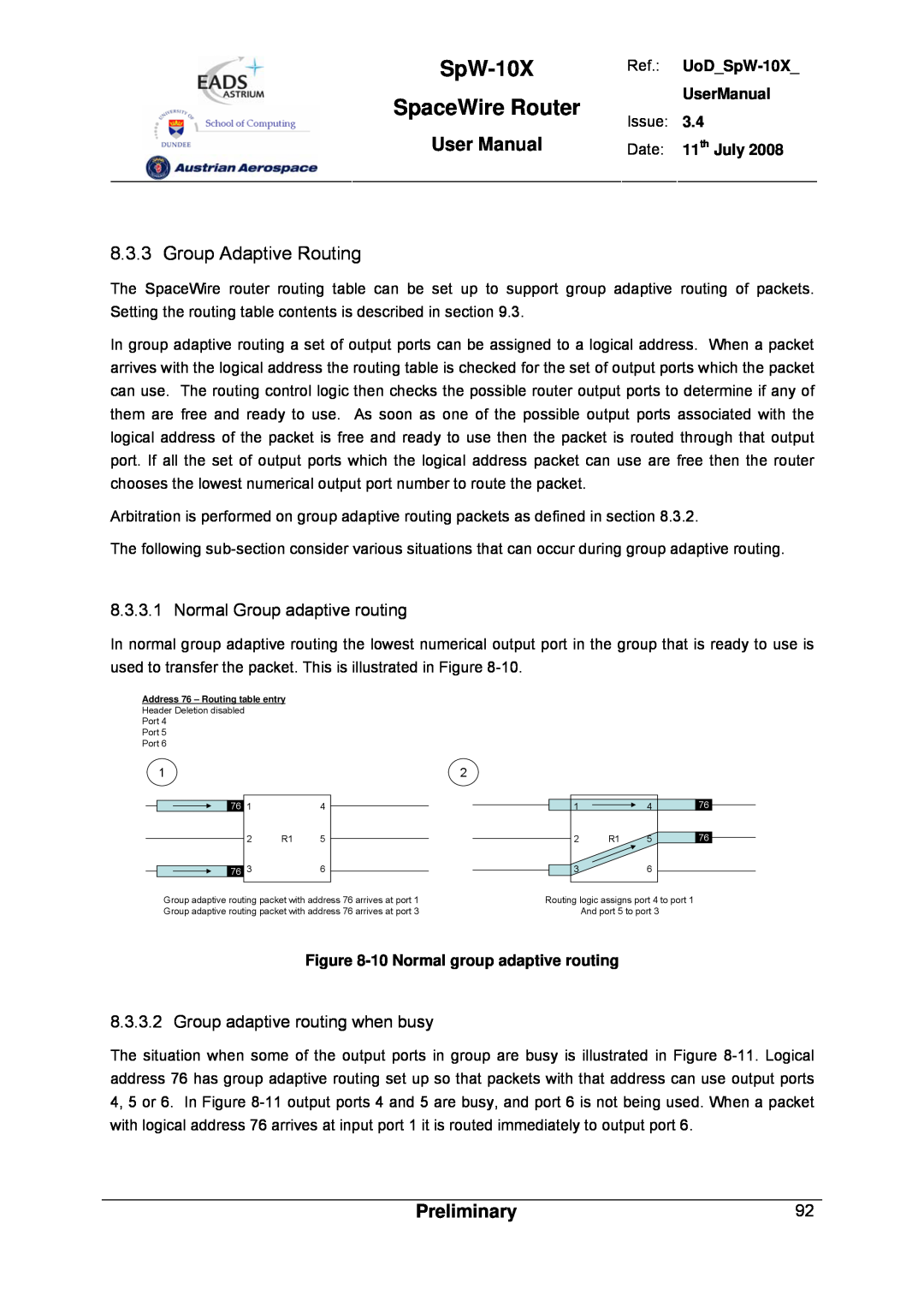Atmel SpW-10X Group Adaptive Routing, Normal Group adaptive routing, Group adaptive routing when busy, SpaceWire Router 