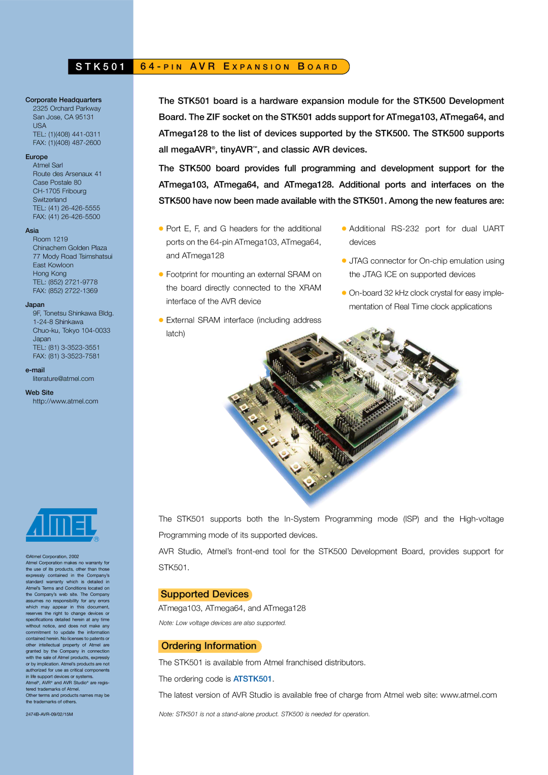 Atmel STK501 manual K 5 0, I N a V R E X P a N S I O N B O a R D, Usa, Atmel Corporation 