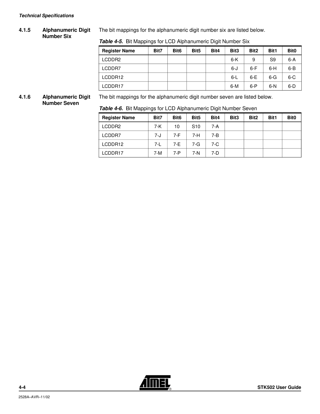 Atmel STK502 manual Bit Mappings for LCD Alphanumeric Digit Number Six, Number Seven 