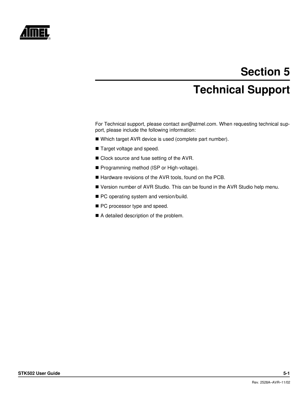 Atmel STK502 manual Section Technical Support 