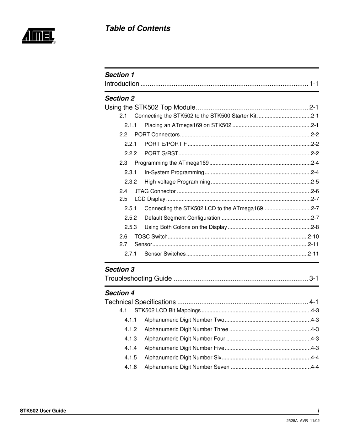 Atmel STK502 manual Table of Contents 