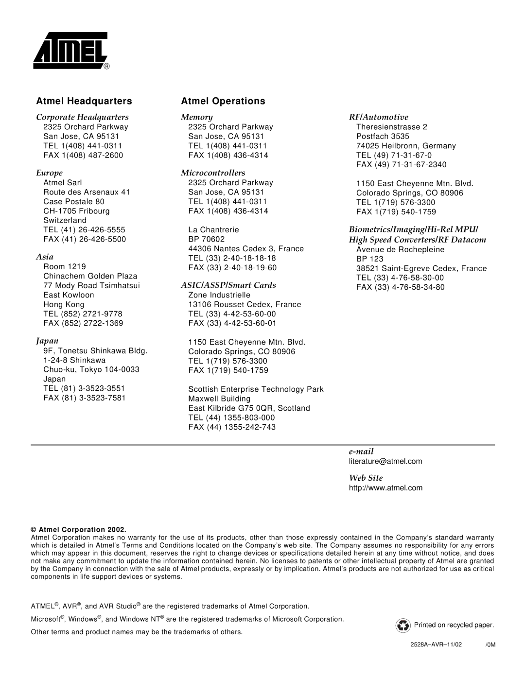 Atmel STK502 manual Atmel Headquarters 