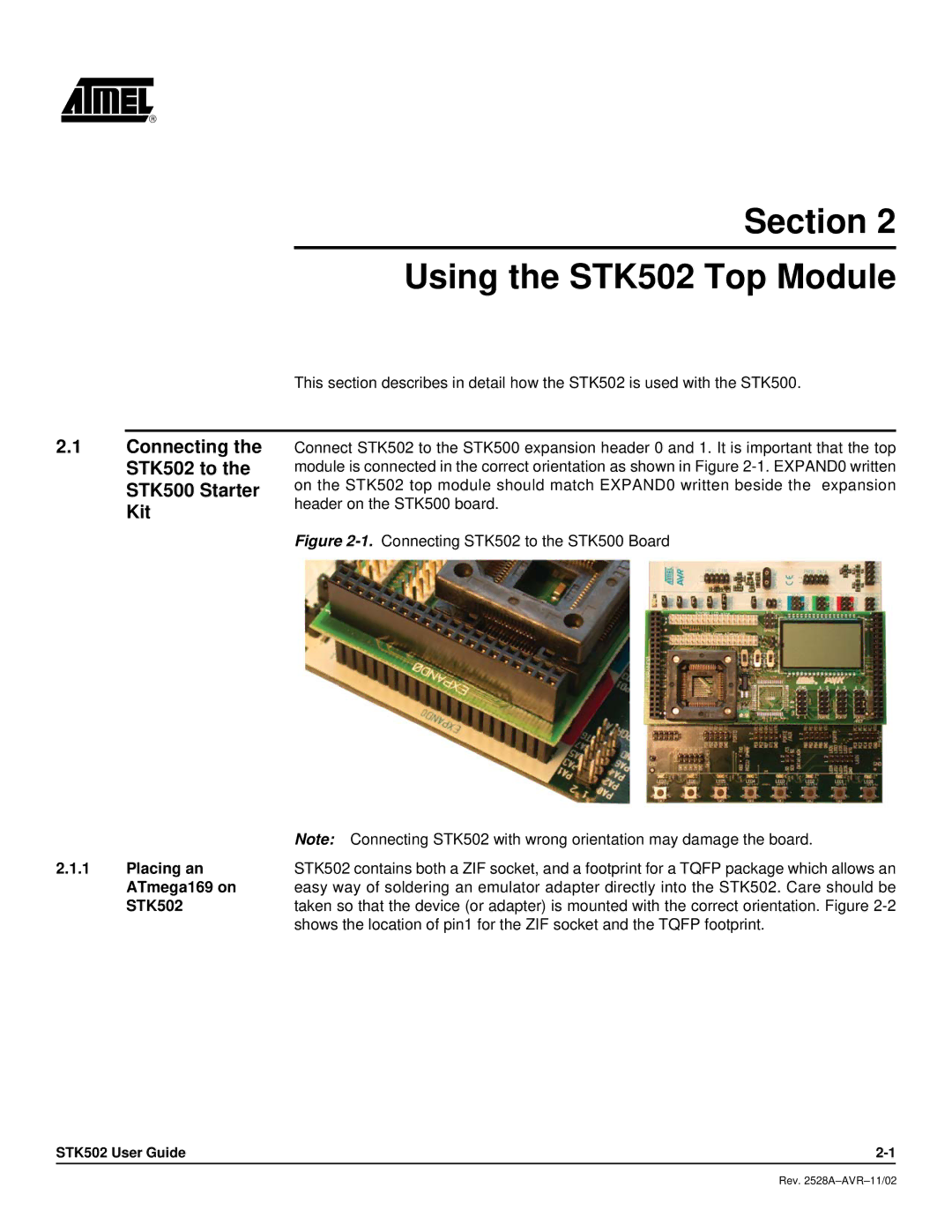 Atmel Section Using the STK502 Top Module, Connecting the STK502 to the STK500 Starter Kit, Placing an, ATmega169 on 