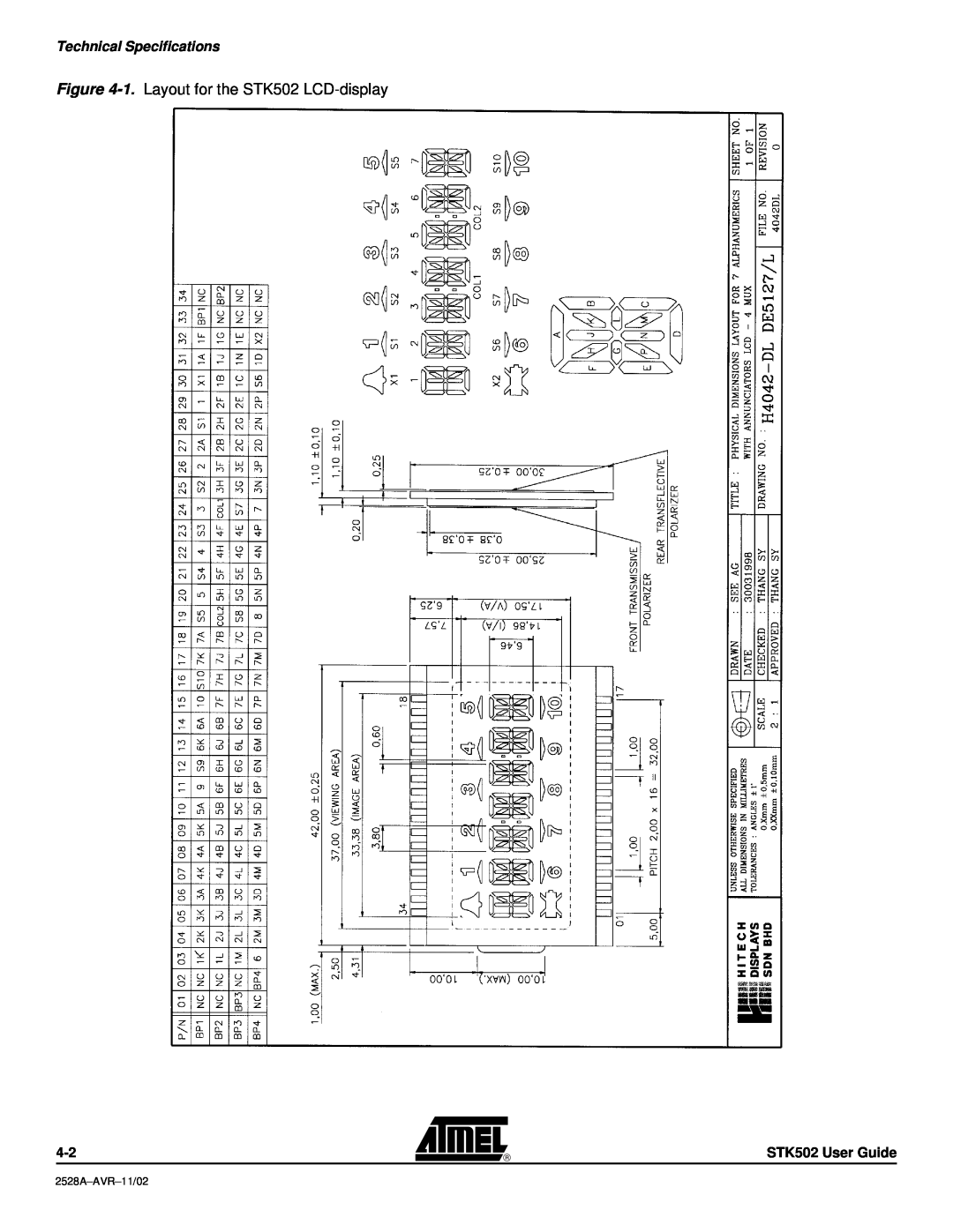 Atmel manual 1. Layout for the STK502 LCD-display, Technical Specifications, 2528A-AVR-11/02 