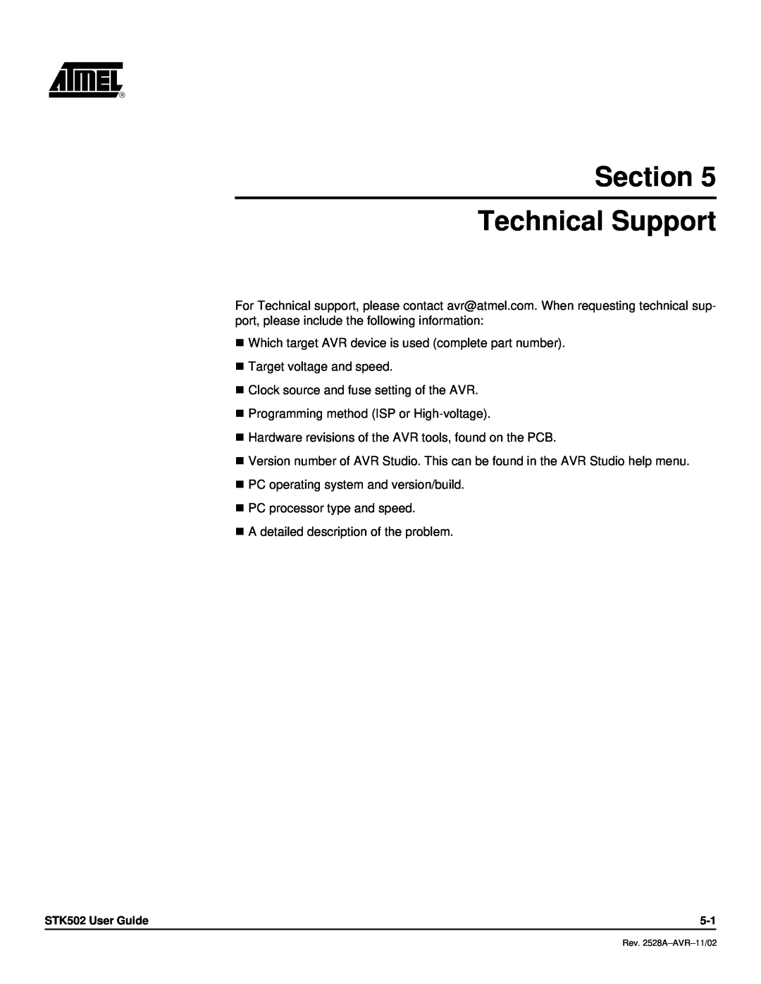 Atmel STK502 manual Section Technical Support 