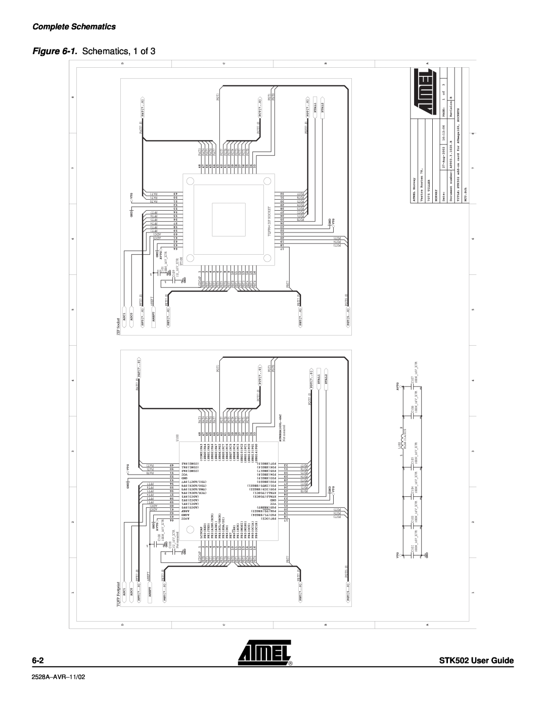 Atmel manual Schematics, 1 of, Complete Schematics, STK502 User Guide, 2528A-AVR-11/02, Socket, TQFP Footprint 