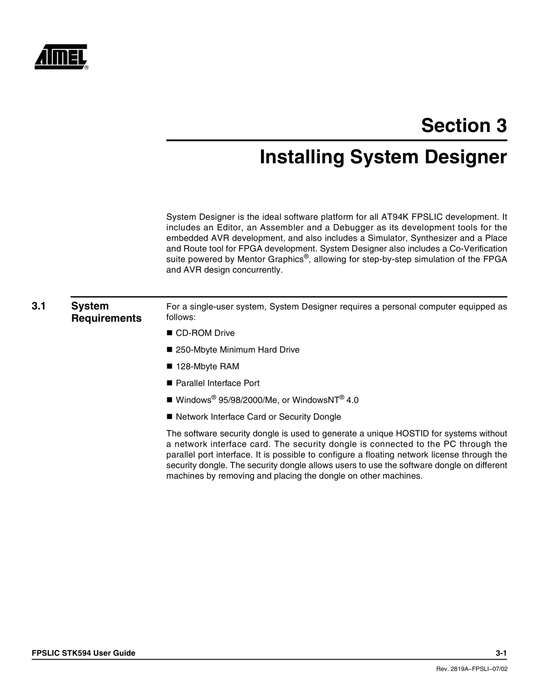 Atmel STK594 manual Section Installing System Designer, Requirements 