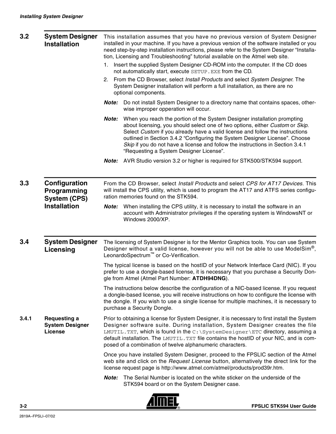 Atmel STK594 manual System Designer Installation, Configuration Programming System CPS Installation, Licensing 