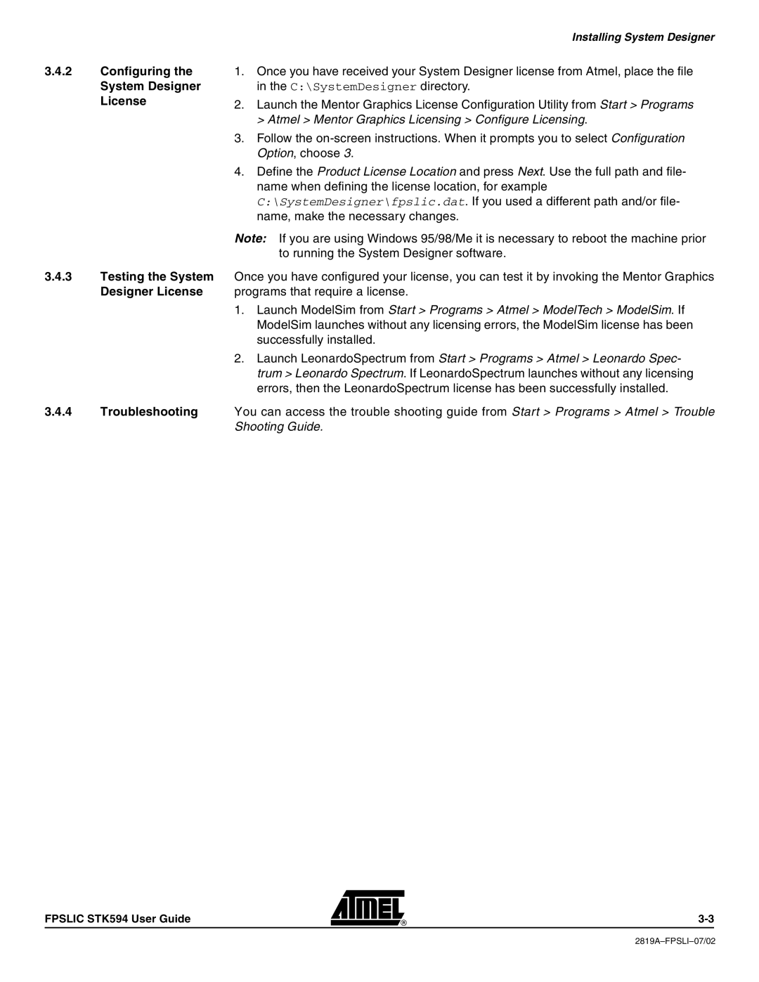 Atmel STK594 manual Configuring the System Designer License 