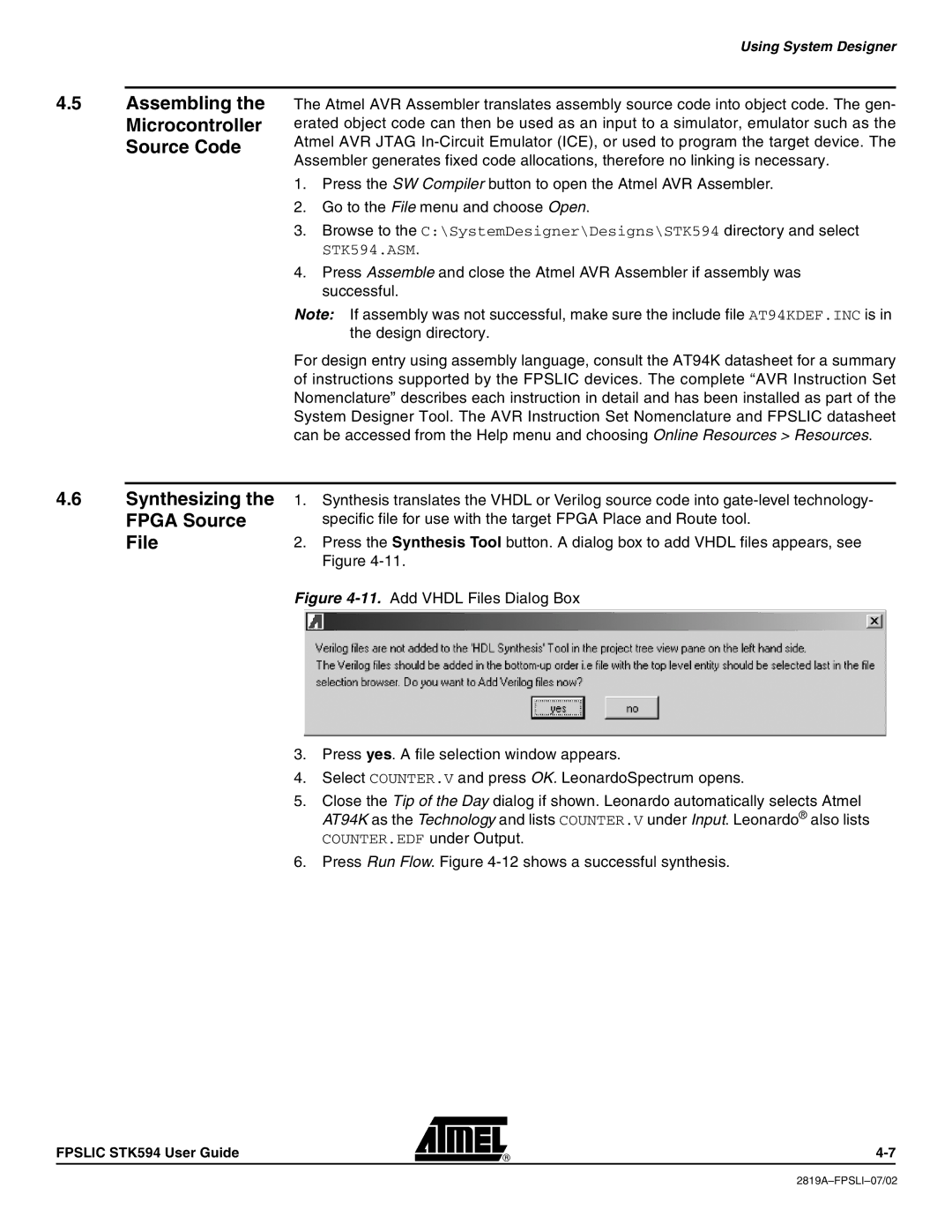 Atmel STK594 manual Assembling the Microcontroller Source Code, Fpga Source, File 