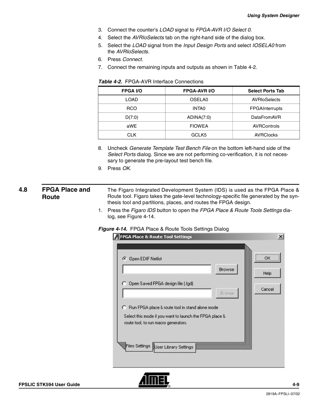 Atmel STK594 manual Route, Fpga I/O FPGA-AVR I/O 