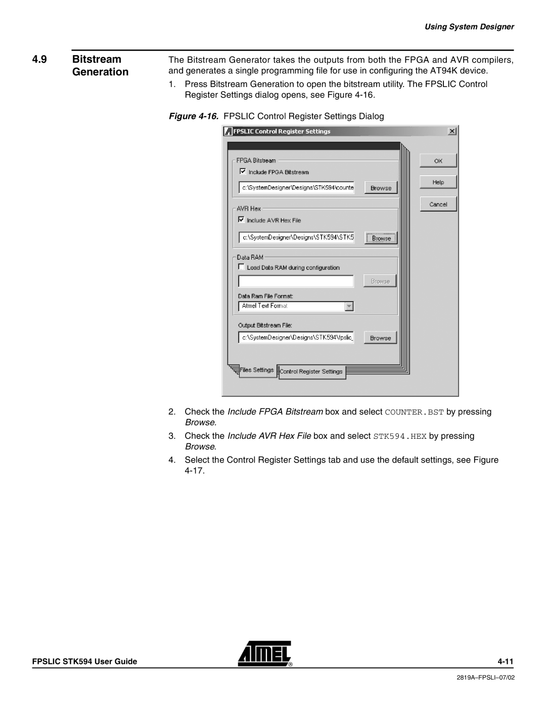 Atmel STK594 manual Bitstream Generation 