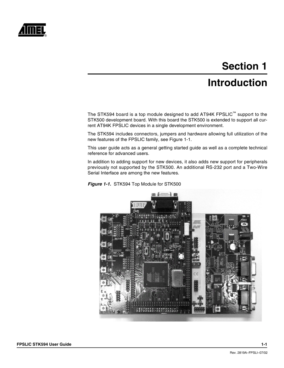 Atmel manual Section Introduction, STK594 Top Module for STK500 