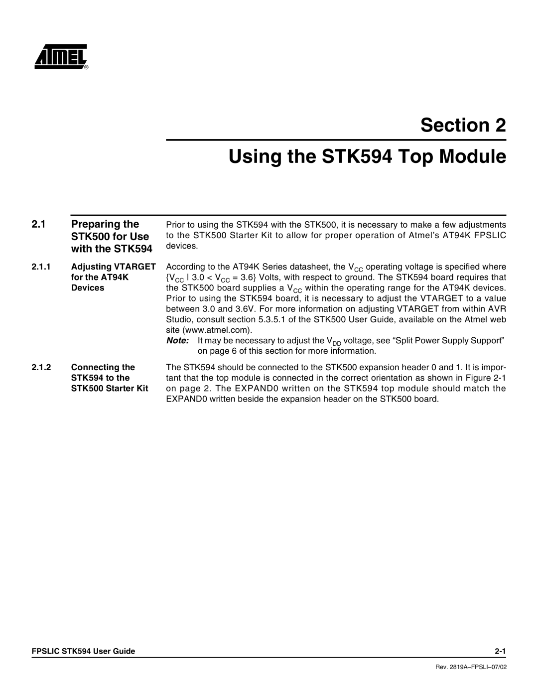 Atmel manual Section Using the STK594 Top Module, Preparing the STK500 for Use with the STK594 