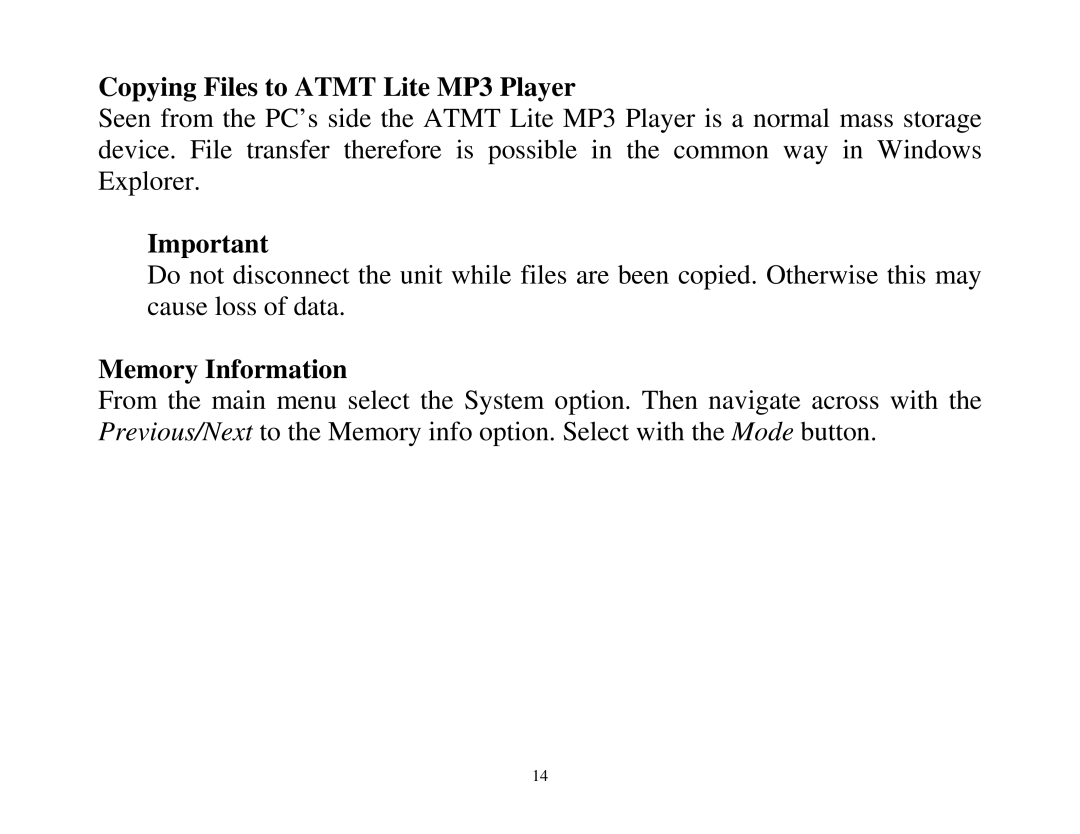 ATMT MP130 manual Copying Files to Atmt Lite MP3 Player, Memory Information 