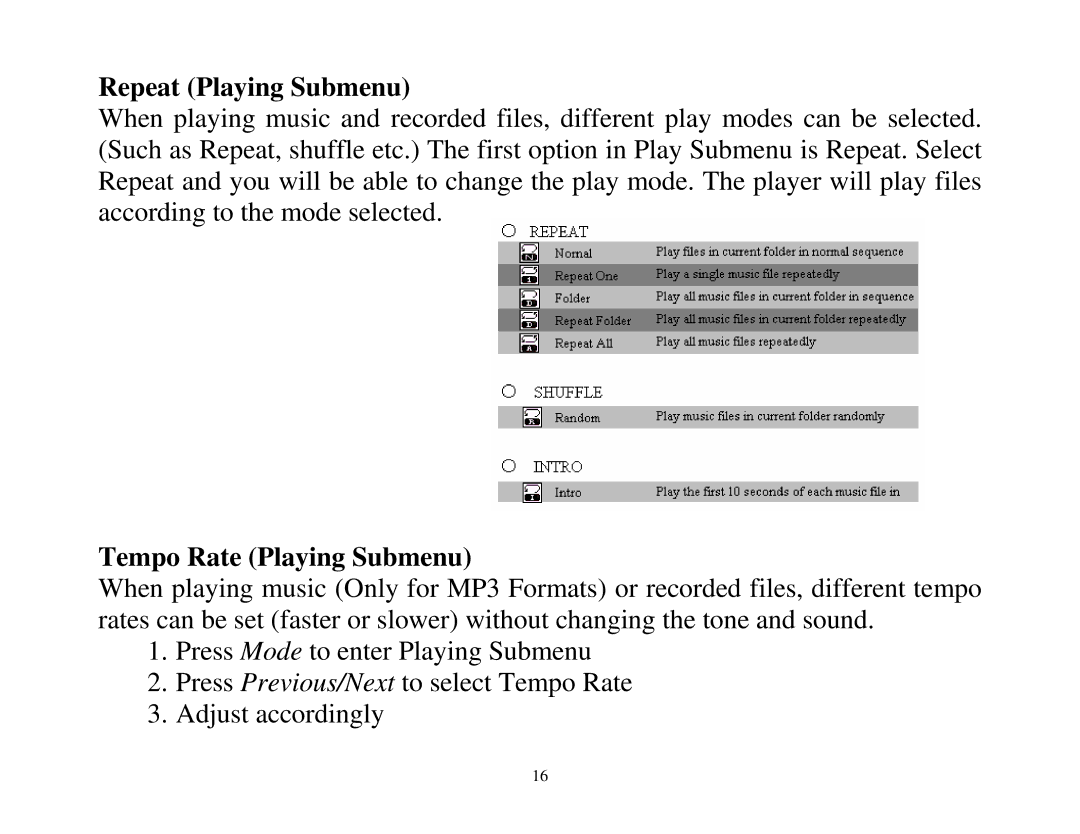 ATMT MP130 manual Repeat Playing Submenu, Tempo Rate Playing Submenu 