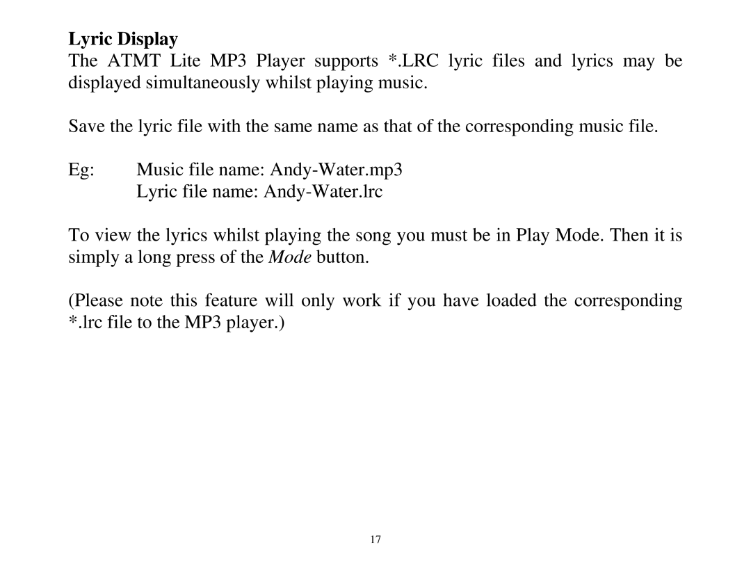 ATMT MP130 manual Lyric Display 