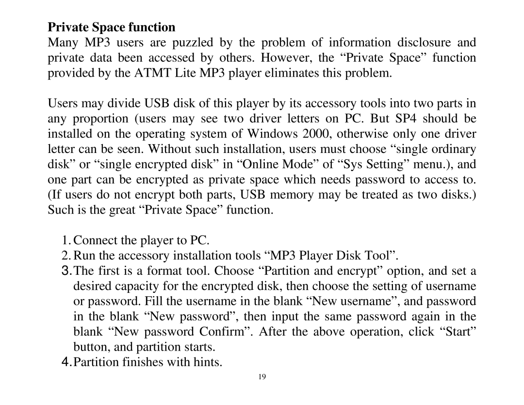 ATMT MP130 manual Private Space function 