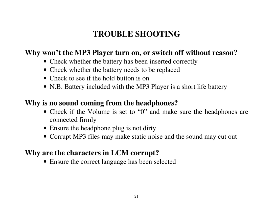 ATMT MP130 manual Trouble Shooting, Why is no sound coming from the headphones?, Why are the characters in LCM corrupt? 