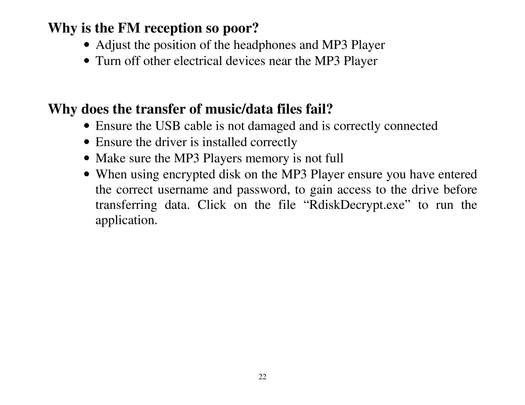 ATMT MP130 manual Why is the FM reception so poor?, Why does the transfer of music/data files fail? 