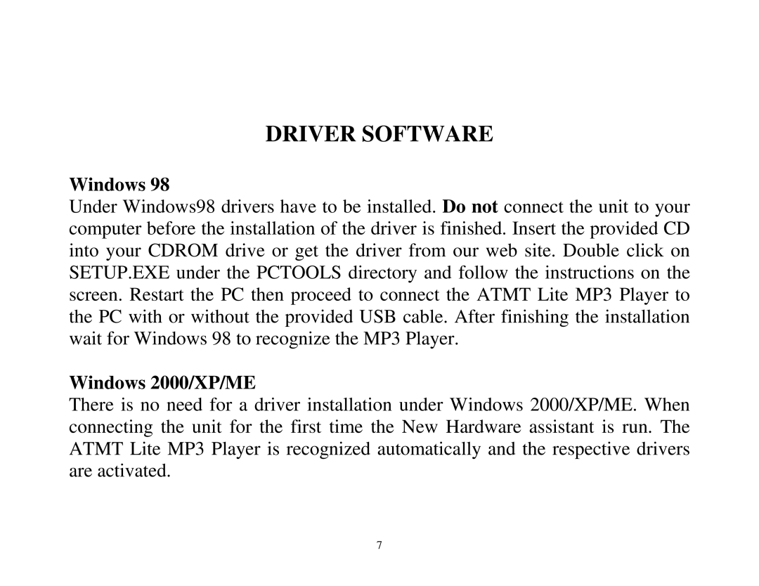 ATMT MP130 manual Driver Software, Windows 2000/XP/ME 