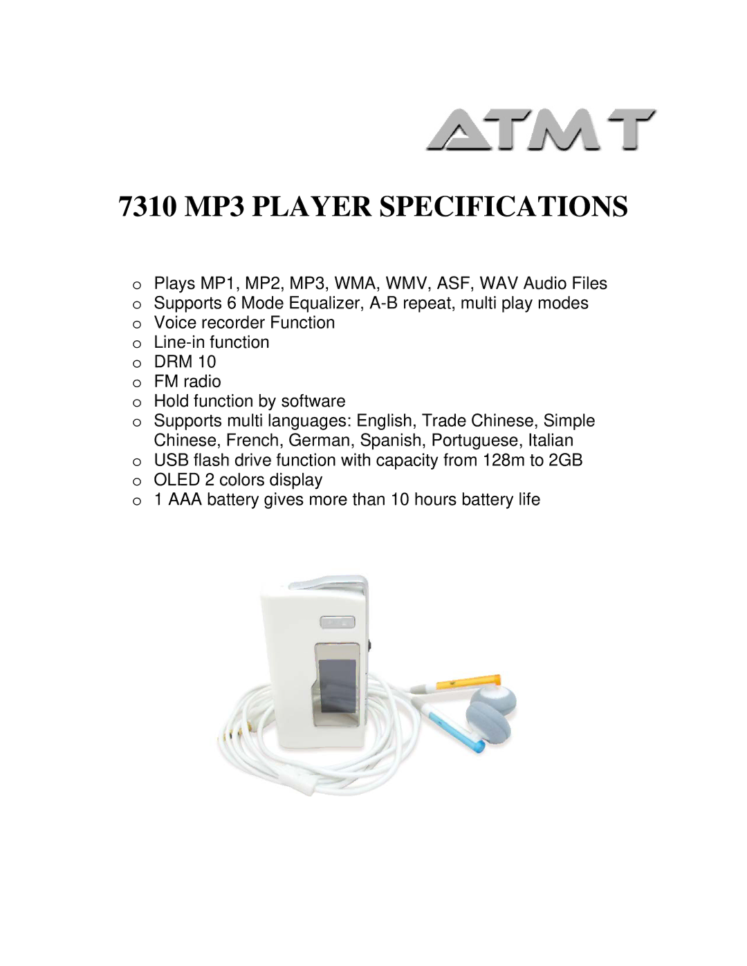 ATMT MP160 manual 7310 MP3 Player Specifications 