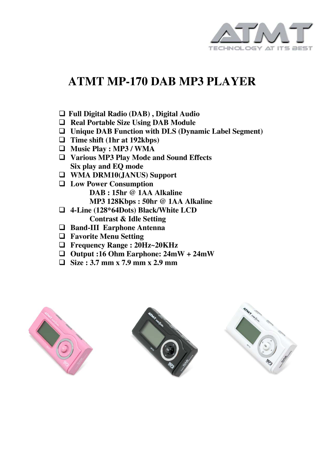 ATMT MP170 manual Atmt MP-170 DAB MP3 Player 