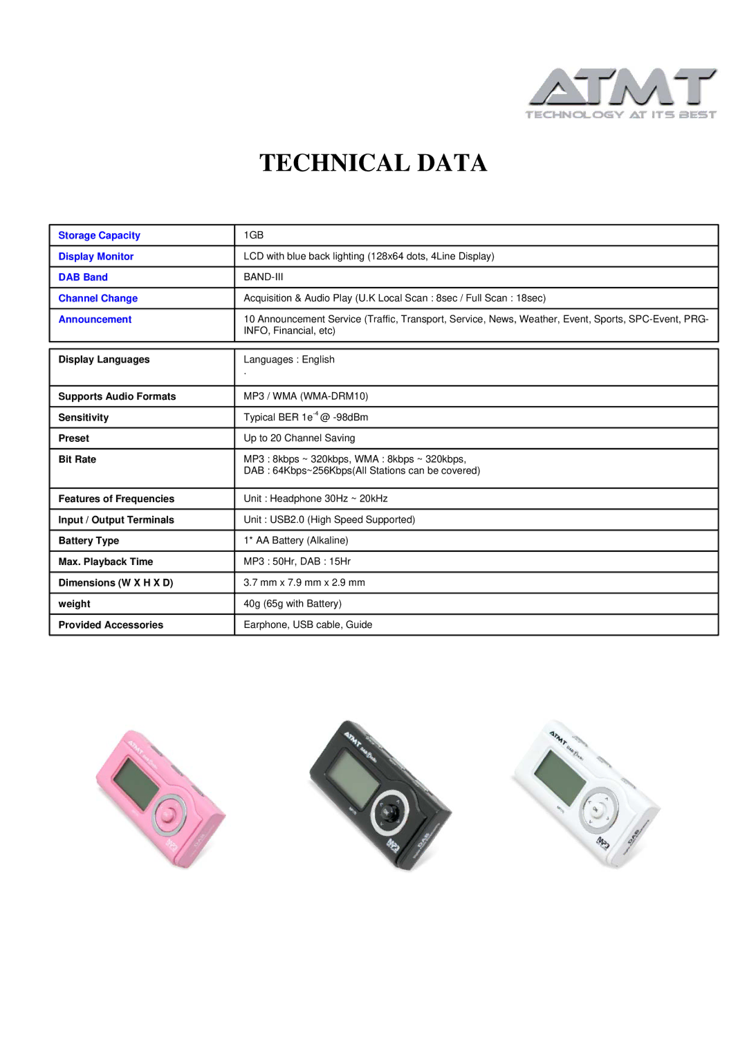 ATMT MP170 manual Technical Data 