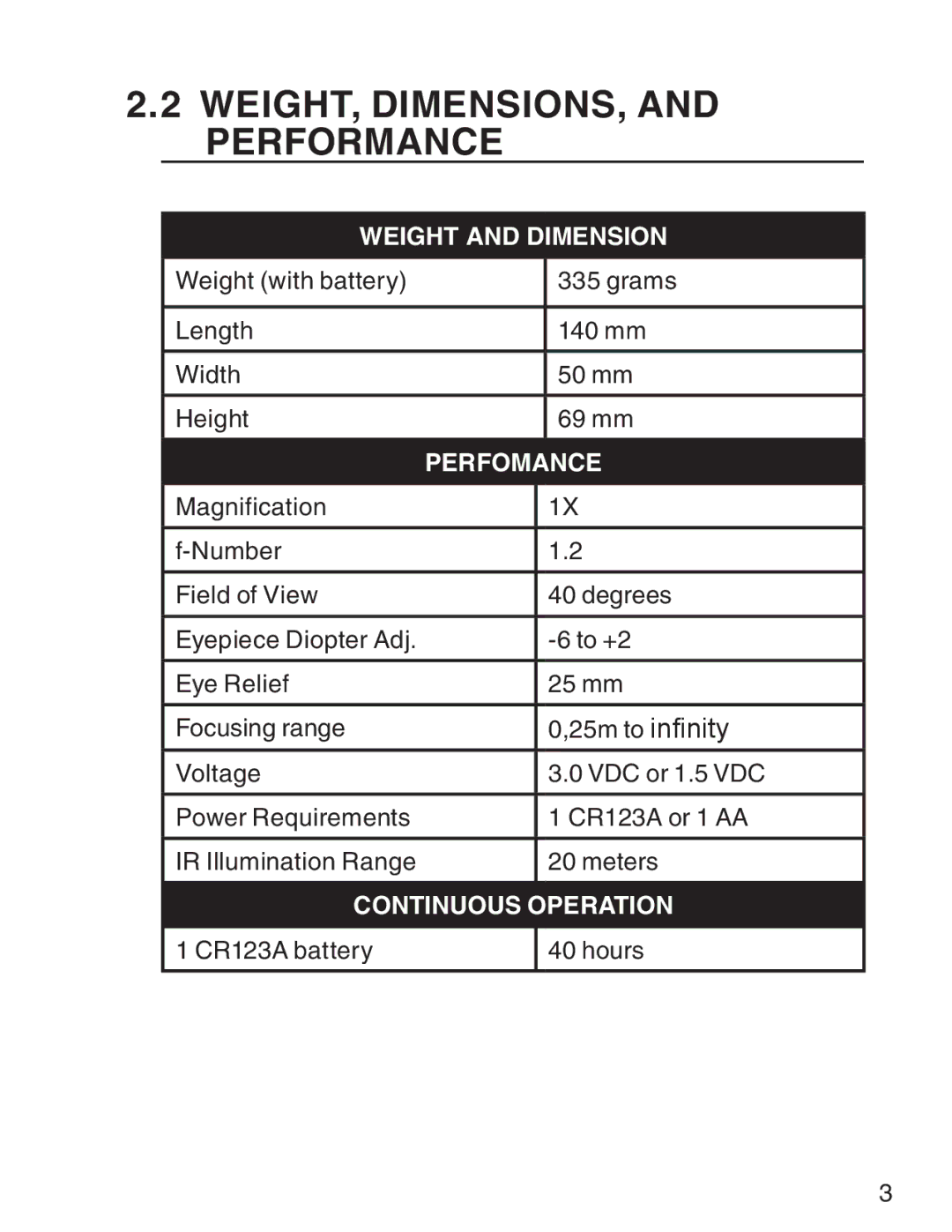 ATN 3 manual WEIGHT, DIMENSIONS, and Performance, Perfomance 