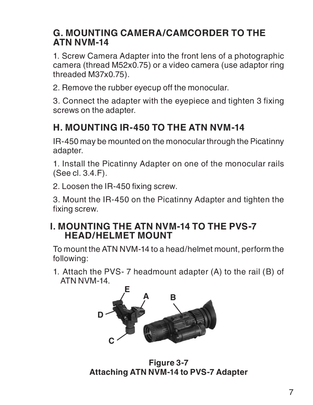 ATN 3 manual Mounting Camera/Camcorder to the ATN NVM-14, Mounting IR-450 to the ATN NVM-14 