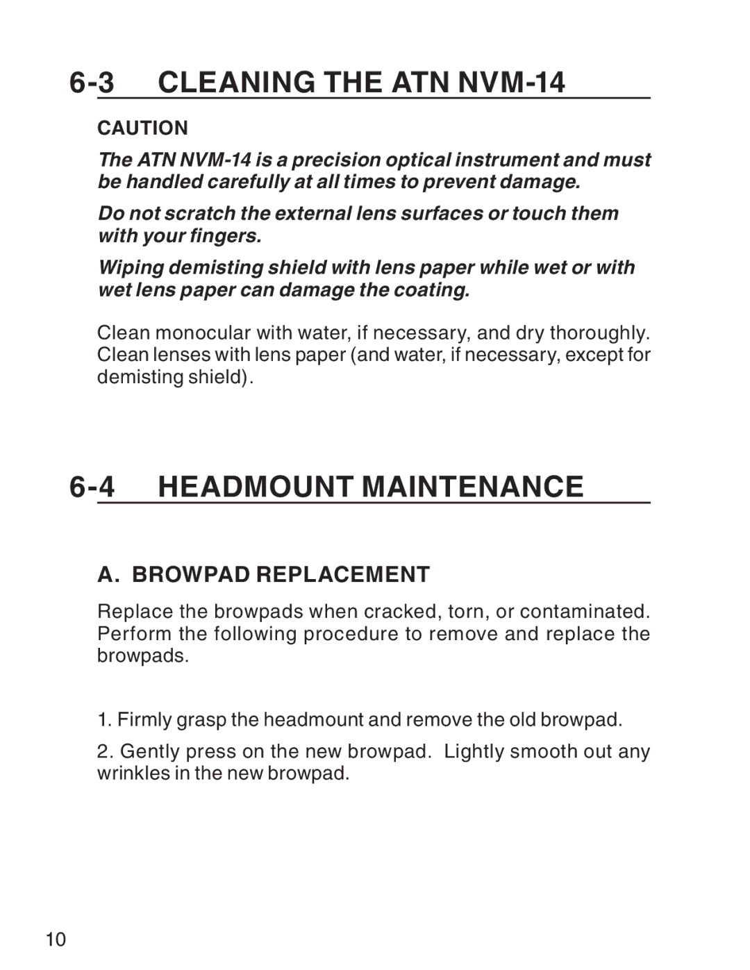 ATN 3 manual Cleaning the ATN NVM-14, Headmount Maintenance, Browpad Replacement 